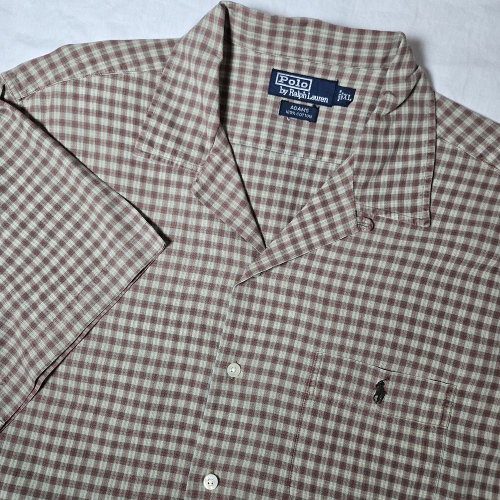 VTG Polo Ralph Lauren Adams Shirt Mens XL Tan Check Loop Collar Short Sleeve